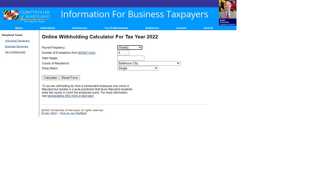 Online Withholding Calculator For Tax Year 2022 - Marylandtaxes.gov